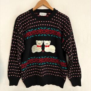 Vtg 90s Jennifer Adams Cat Sweater Fits Womens L Knit Applique Floral Kitten USA